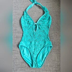 Kenneth Cole Blue One Piece Swimsuit with Lace Overlay Size M LT
